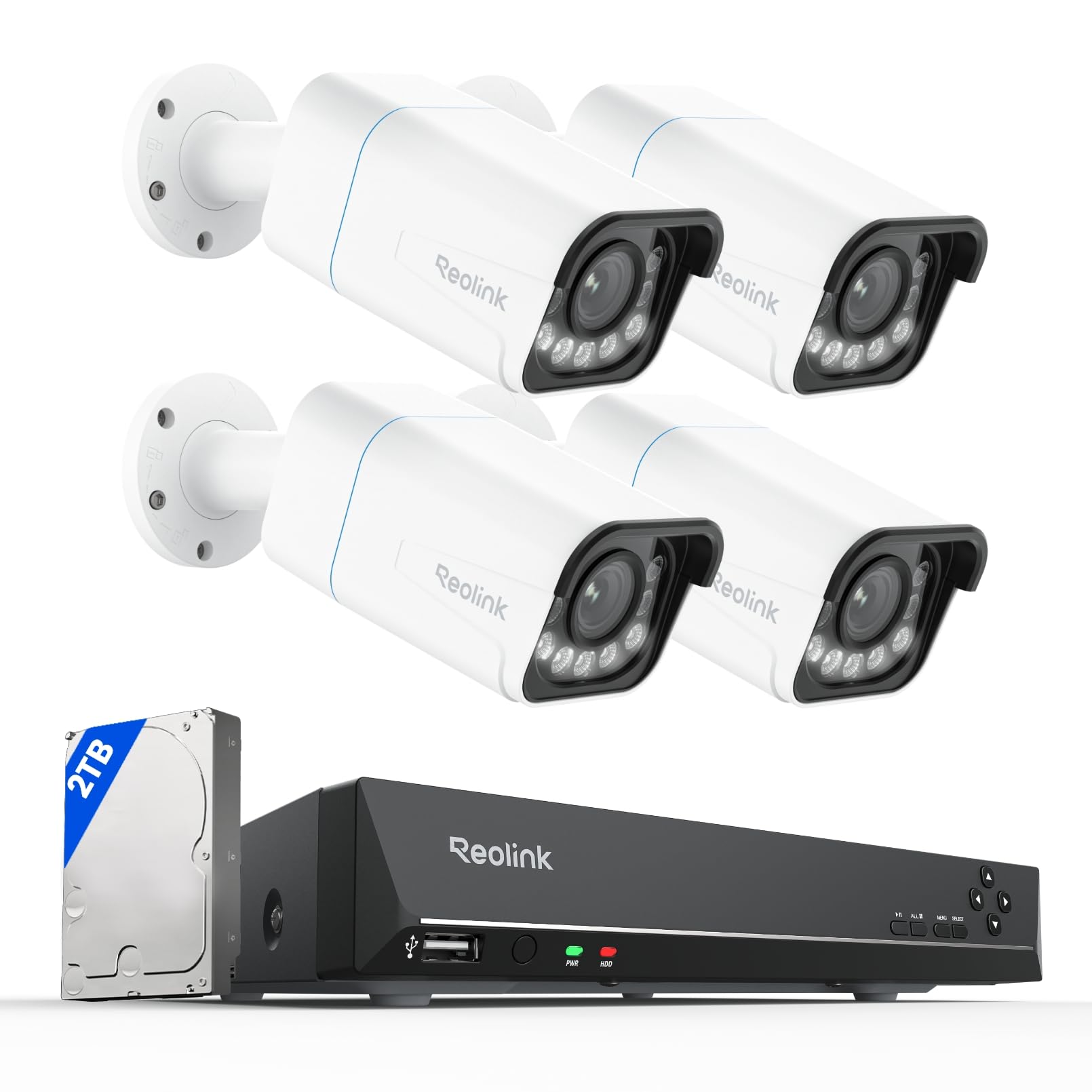Reolink PoE 4K Telecamera Esterno, 5X Zoom Ottico, Rilevamento di Uomo/Veicolo/Animale, Faretti per Visione Notturna a Colori, Audio Bidirezionale, NVR 8CH con 2TB HDD, 4*RLC-811A e 1*RLN8-410