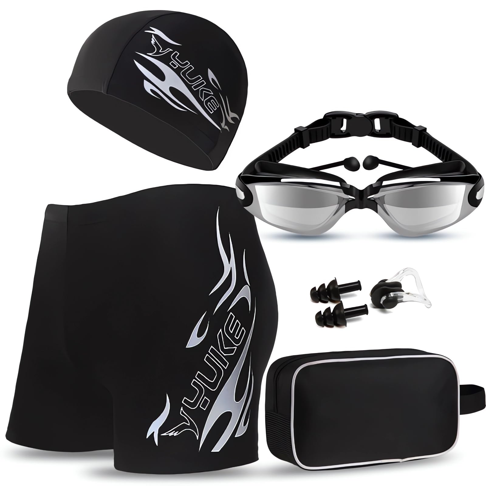 OYDASMen's Swimwear Set of 6Pcs,OYDAS Swimming Trunks, Swim Goggles,Swim Cap,Ear Plugs,Nose Clip,Swim Bag,Swim wear Set,Adult Swimwear,Beach Essentials for Summer Fun