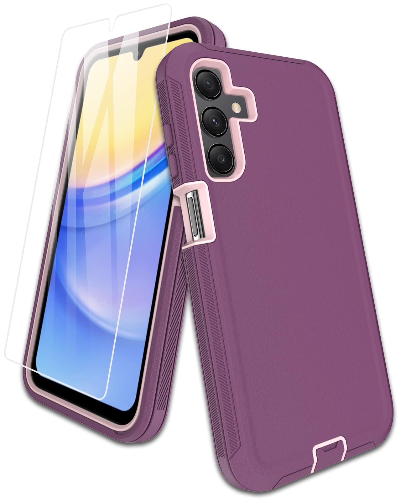 Aliruke for Samsung Galaxy A25-5G Case, with Screen Protector, Port Protection, Full-Body Non-Slip Silicone Rubber Covered, 3-Layer Heavy Duty Drop-Proof Cover Phone Case, Purple Red