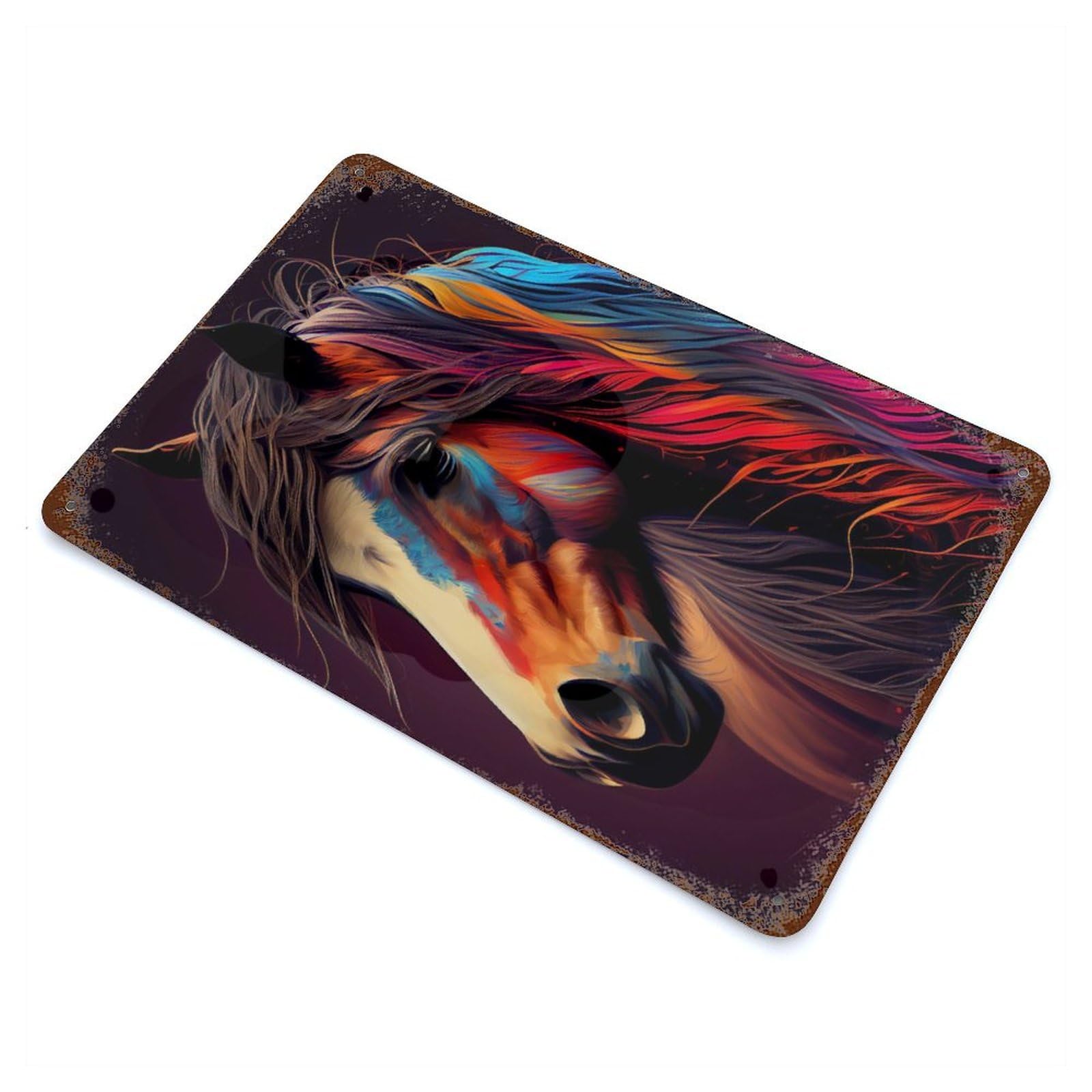 Weathered Tin Sign with Horse Popart Design 11.8"x7.9", for Shed, Workshop And Garage Wall Decor, Decorative Metal Wall Art