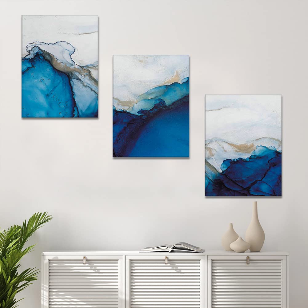 Artscope 3 Pieces Abstract Wall Art Canvas Prints, Marble Blue and White Fluid Ink Picture Painting - Image 3