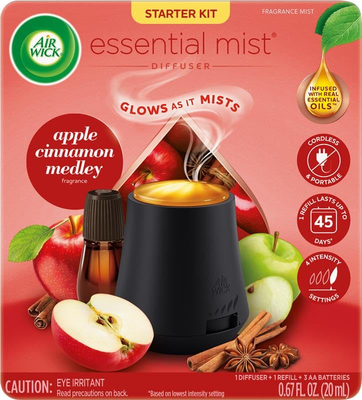 Air Wick Essential Mist Starter Kit (Diffuser + Refill), Apple Cinnamon, Fall Scent, Fall Spray, Essential Oils Diffuser, Air Freshener Black