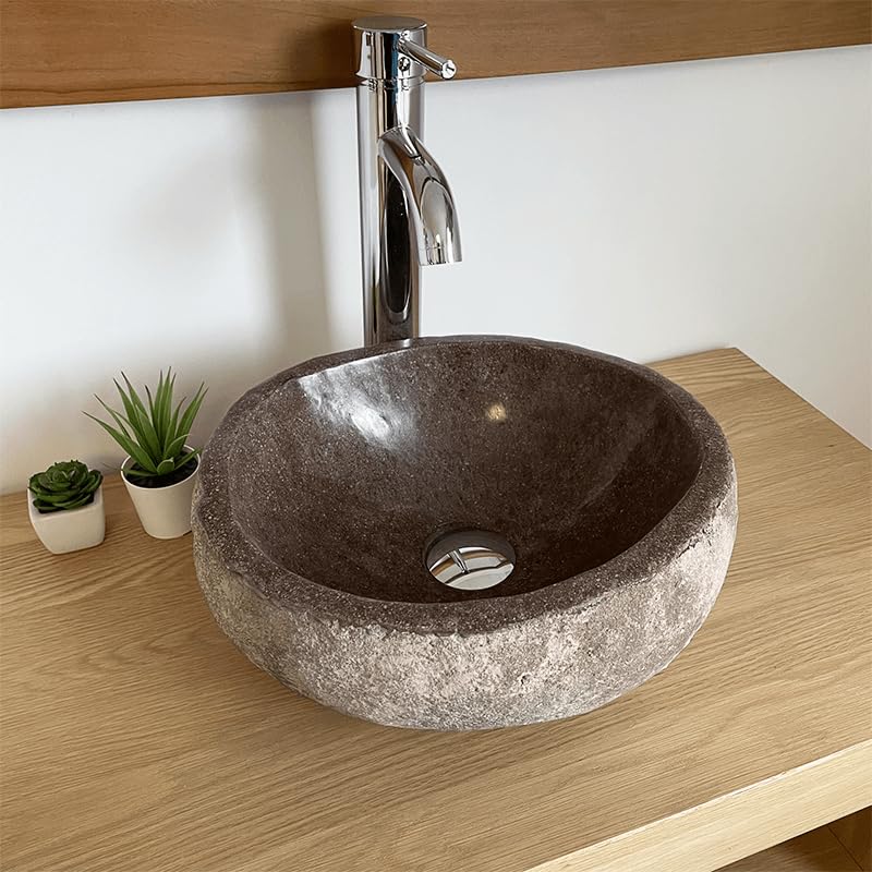 Vasque à Poser - 30 cm - Pierre de Rivière - Marron avec Nuances Rouge - RACOTTA