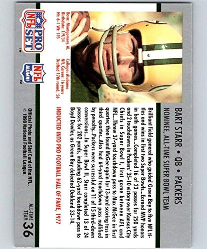 1990 Pro Set Super Bowl 160 Football #36 Bart Starr Green Bay Packers Official Standard Sized NFL Trading Card