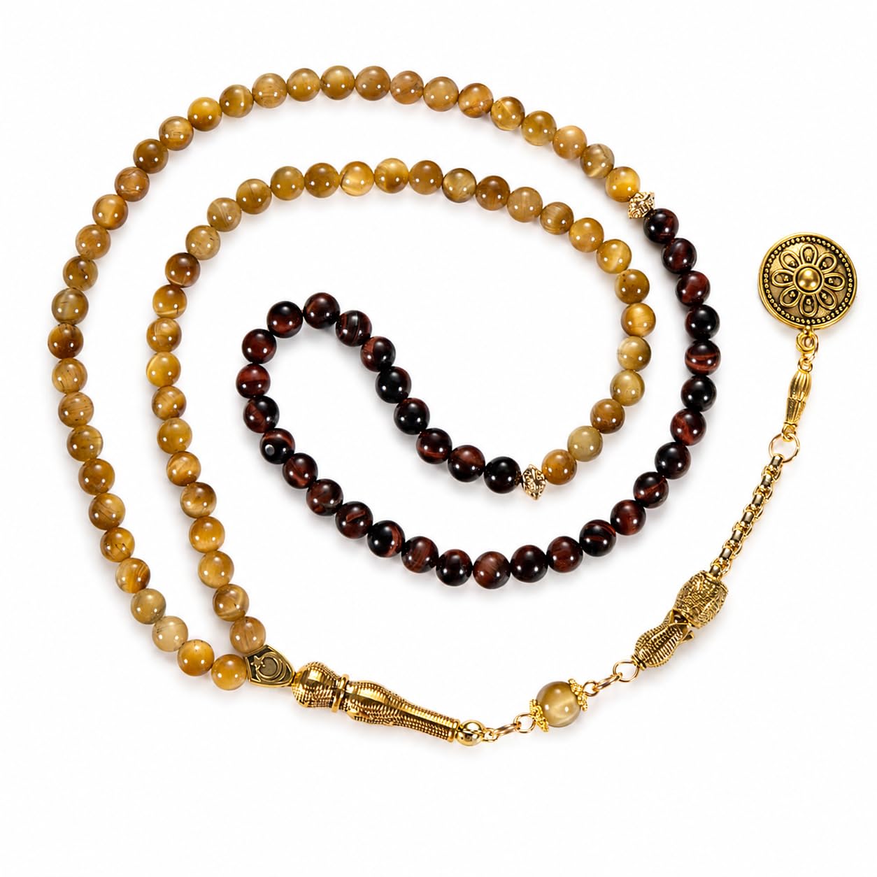 Tiger Eye Tasbih 99 Beads Misbaha Prayer Beads (Golden & Red Tiger Eye) with Gift Box, Natural Stone Tasbih for Men Father Husband, Ramadan Eid Birthday Gift