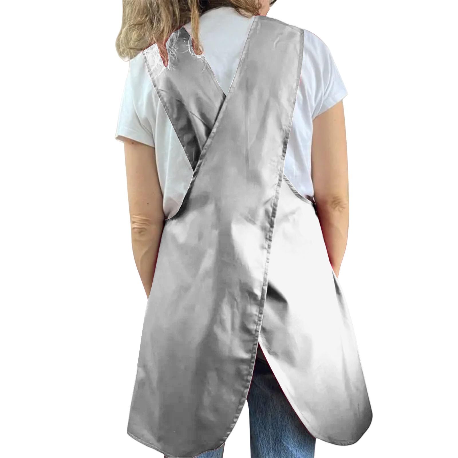 Grembiule da donna con scollo rotondo, senza maniche, tinta unita, lunghezza al ginocchio, con tasche sul retro, per fioristi, bar, parrucchieri, studi di ceramica