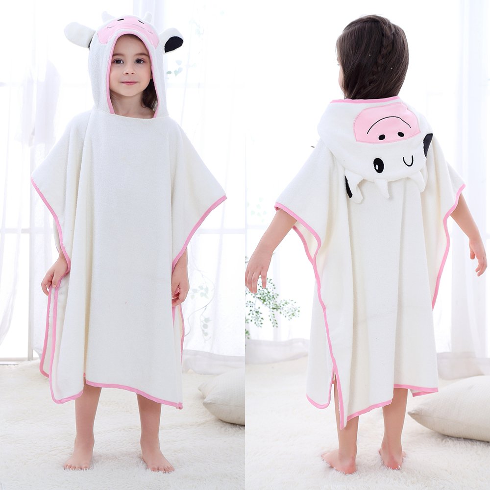 JIAN YA NA Serviettes Kids'Bath Strandkorb Poncho Animal Mignon 100% Coton à Capuche Cape Poncho pour 1-6 Ans CONFIRMÉ Tout-Petits Enfants Quick Dry (Blanc (Vache)) 27 "x55 Blanc (Vache)