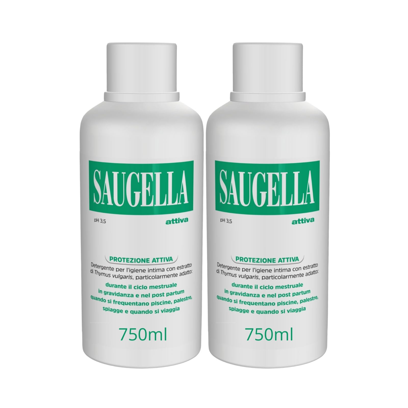 Saugella Attiva, Detergente Intimo Antibatterico, pH 3.5, con Estratto di Timo, Adatto Post Parto, in Gravidanza e Durante il Ciclo Mestruale, 2 Detergenti da 750 ml