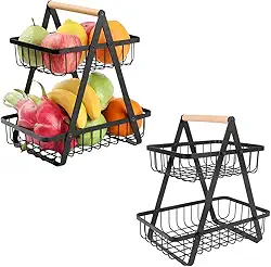Fruteira de Mesa 2 Andares de Metal com Alça de Bambu Cesta Organizadora de Frutas Decorativa para Cozinha e Sala