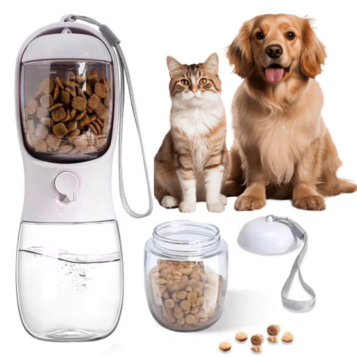 AHIZ 2-in-1 Portable Dog Water Bottle with Food Container, 300ml Water & 100g Dry Food Capacity, Leak-Resistant Pet Travel Bottle with Strap, Compact Dispenser for Dogs & Cats, White