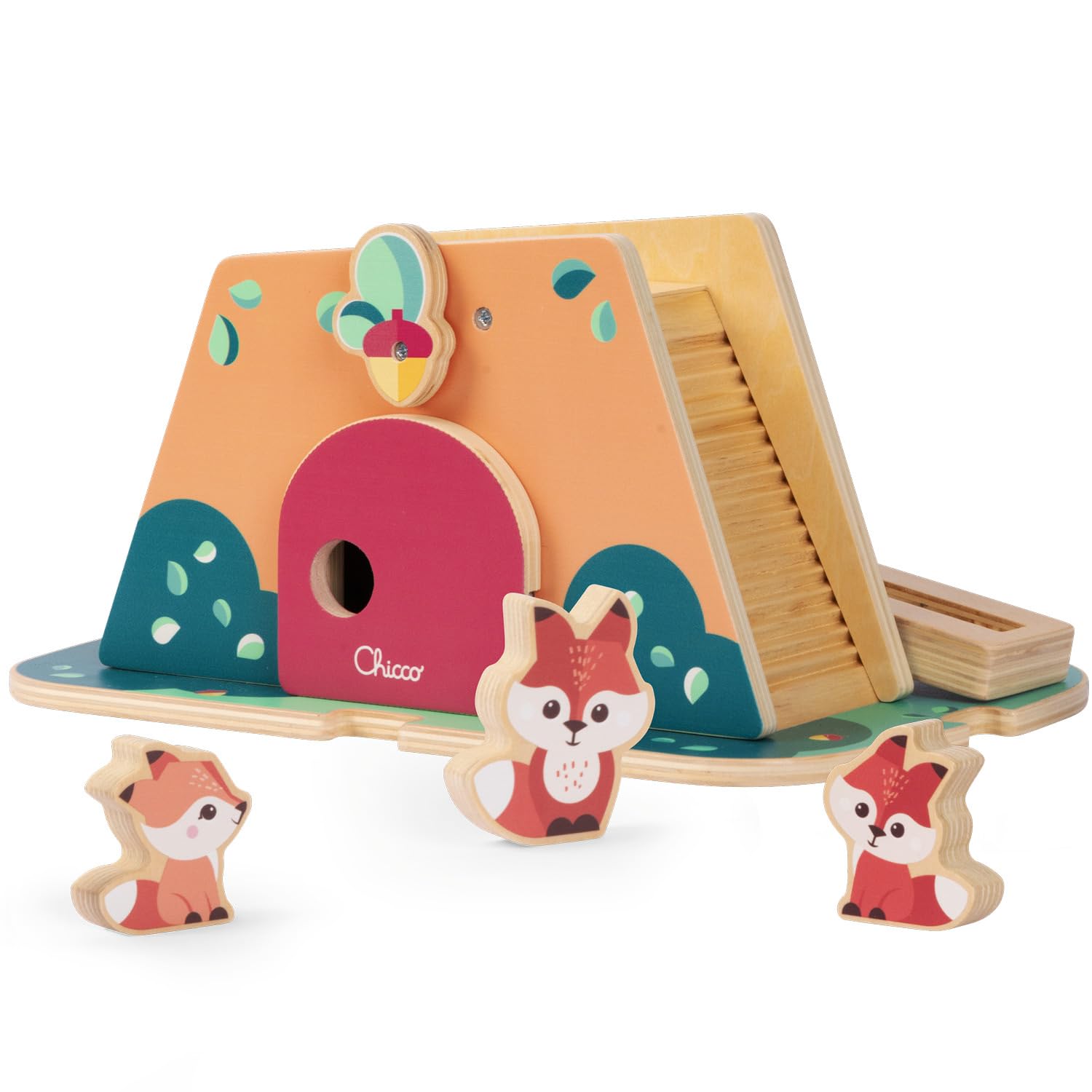 Chicco Gioco Tana delle Volpi, Gioco in Legno, Playset con Casetta e 3 simpatici personaggi, Leggeri e facili da afferrare, Metodo Montessori, Gioco educativo e sensoriale per bambini, 2 Anni +