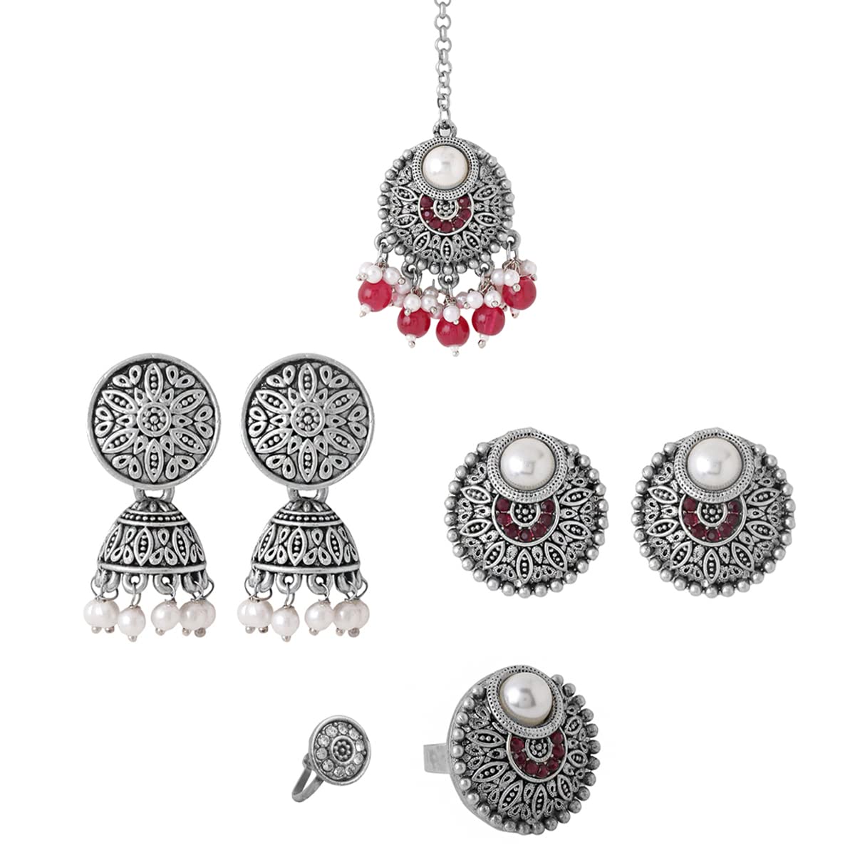 Yellow Chimes Jewellery Set for Women & Girls Traditional Silver Oxidised Jewellery Set | Maangtikka Earrings Ring and Nose Pin for Women | Birthday Gift For Girls & Women Anniversary Gift for Wife (B0BGY32V2G) Amazon Price History, Amazon Price Tracker