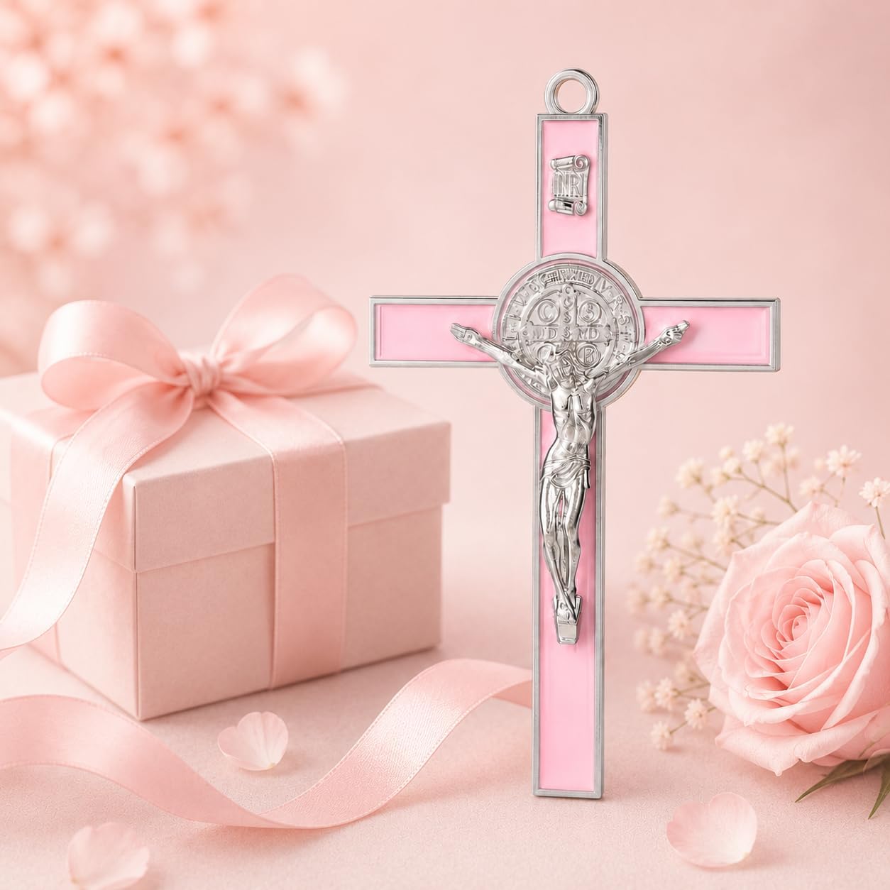 NOIENSI Pink St Benedict Wall Crucifix,5 Inch Catholic Cross Decor for Prayer Room,Religious Hanging Ornament for Home,Christian Gift Idea