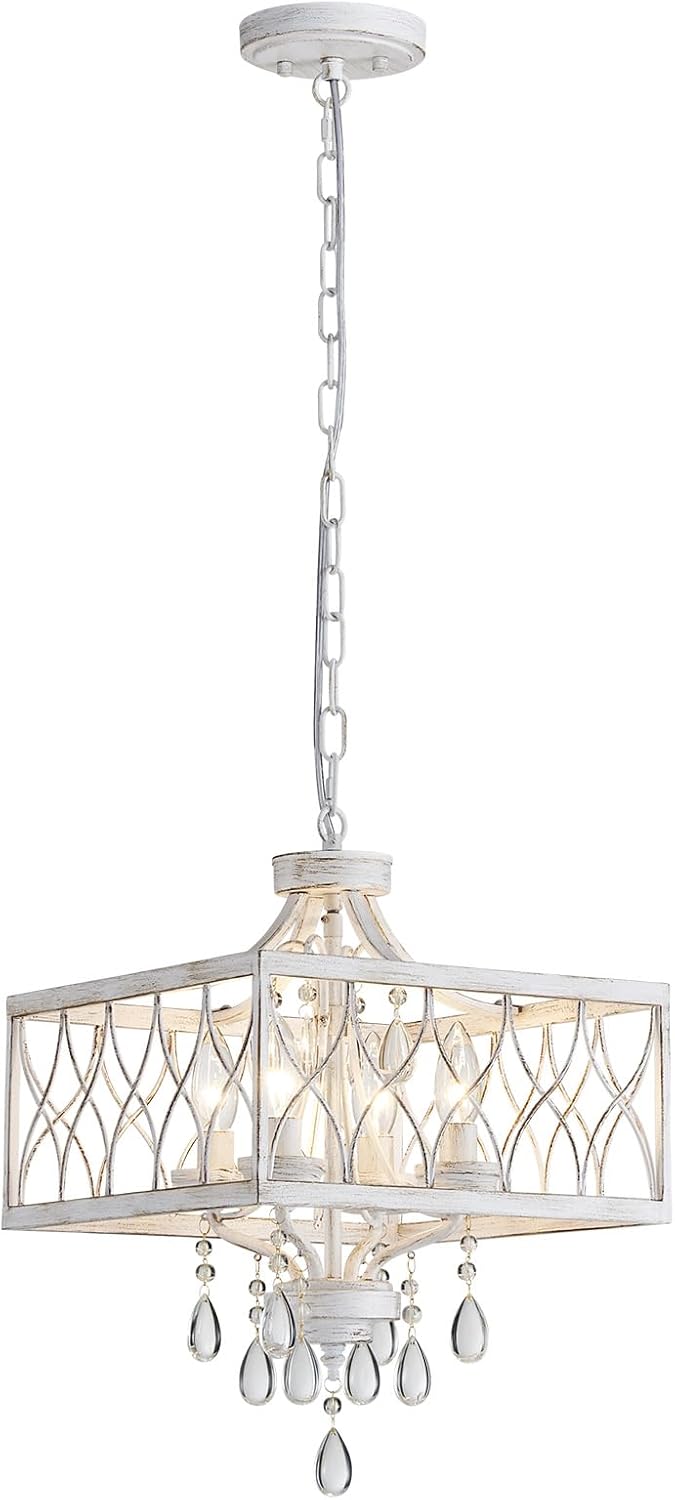 Farmhouse Crystal Chandelier White Modern K9 Crystal Ceiling Chandelier Lighting Fixture, Hanging Pendant Light Fixture, Kitchen Island Lighting for Dining Room Living Room Entryway Bedroom Hallway