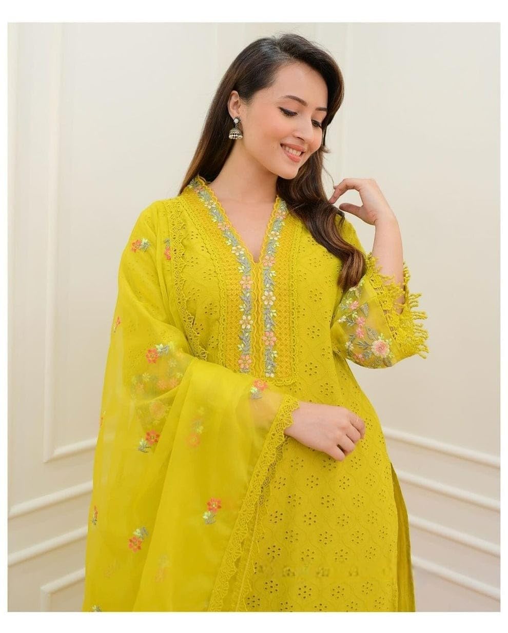 RangMahal Damen Indian Heavy Kurta mit afghanischer Hose & Organza Dupatta Set