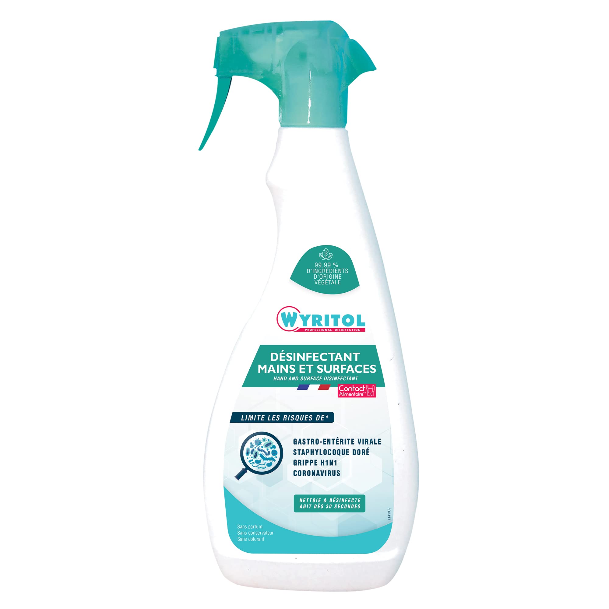 WYRITOL - Spray désinfectant mains et surfaces - Bactéricide, virucide et levuricide - Sans rinçage - action en 30 sec - Contact alimentaire - Formule naturelle - 750ML- Fabrication française