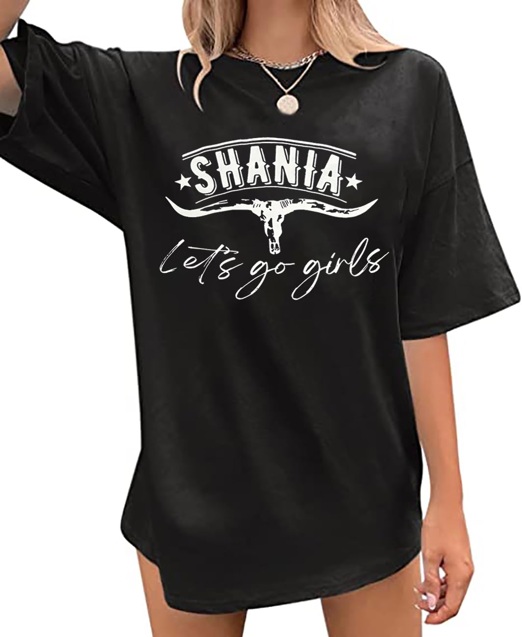 Oversized T-Shirt Women Let's Go Girls Retro Steer Skull Graphic Tee Western Cowboy Country Music Shirt Tops