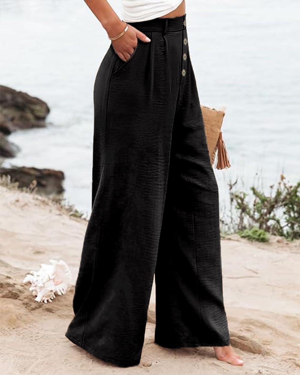 Womens High Waisted Wide Leg Palazzo Pants Casual Lounge Boho Flowy Pants with Pockets - Image 5