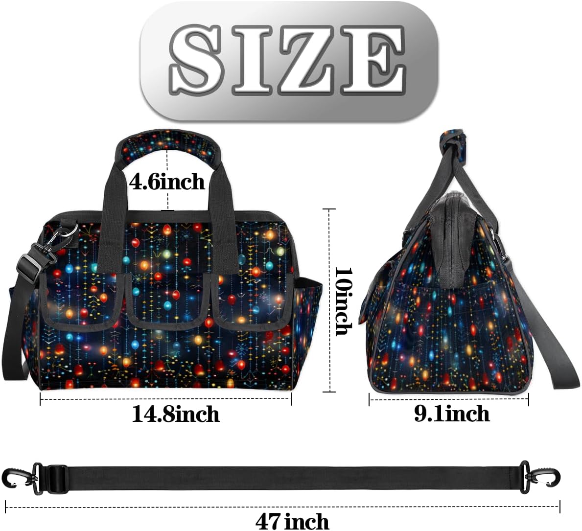 Christmas Lights Watercolor Heavy Duty Tool Bag for Men Garden Engineer Electrician Carpenter Sturdy Portable Tool Box Organizer Storage with Handle Pockets Strap 15 Inch