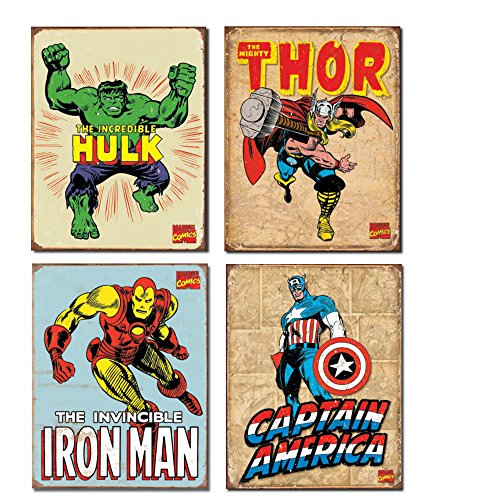 Vintage Superhero Tin Sign Bundle - The Incredible Hulk, Thor, Iron Man and Captain America.