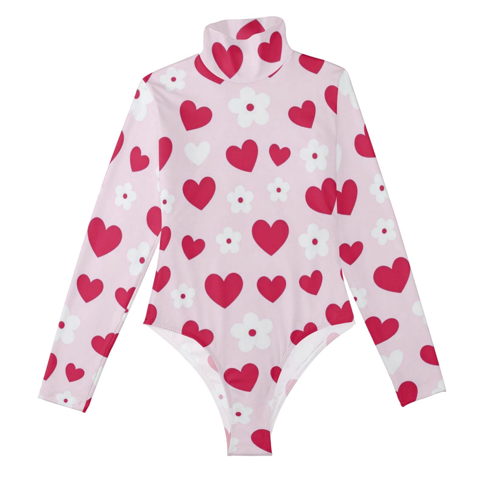Body de manga larga para mujer con diseño botánico floral con corazón rojo rosa 8