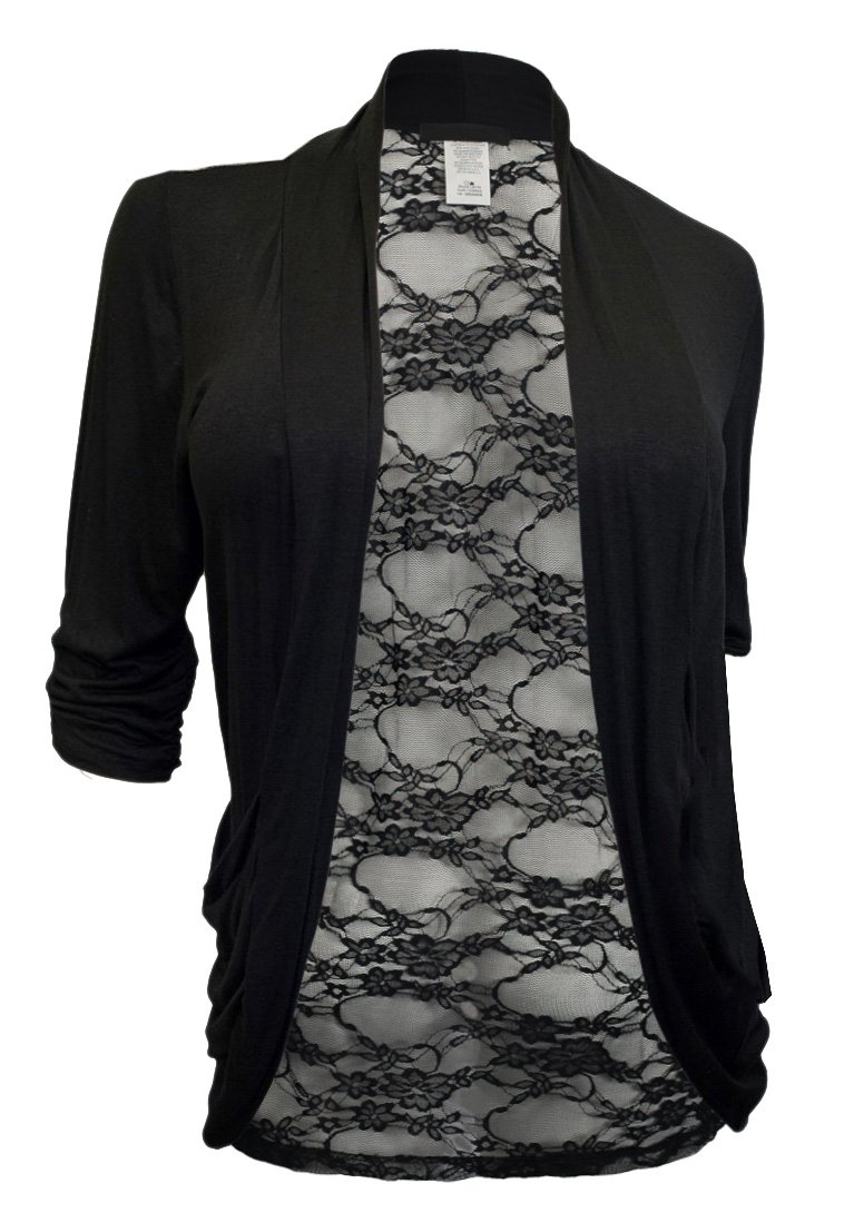 eVogues Plus Size Lace Back Open Front Cardigan Black