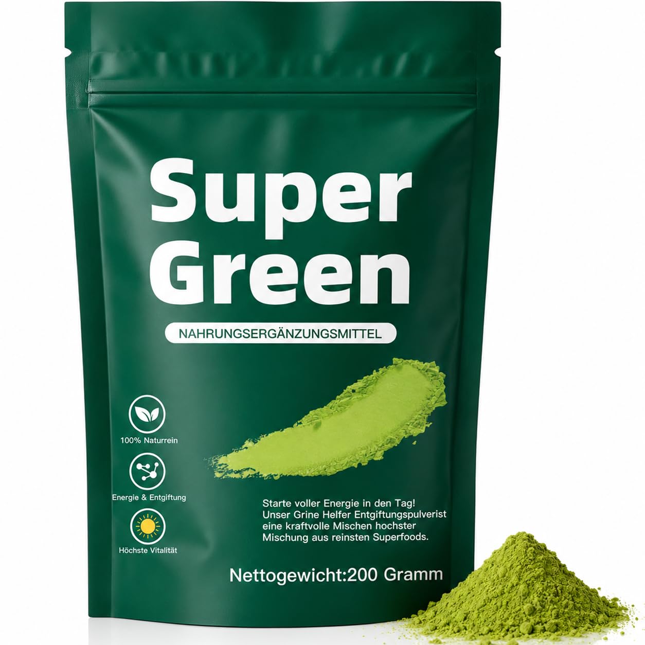 Grünes Superfood-Pulver, 200 g – Superfood Helfer Pflanzenmischung mit Spirulina, Gerstengras, Matcha und Heidelbeeren – mit frischem Orangenaroma, ballaststoffreich – ideal für Smoothies und Shakes