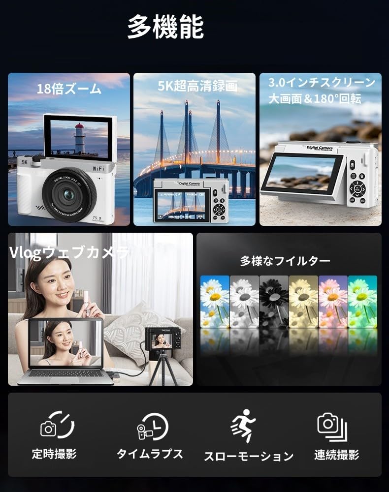 Amazon.co.jp: デジカメ5K録画 7500万画素 スマホに送れる Wi-Fi機能