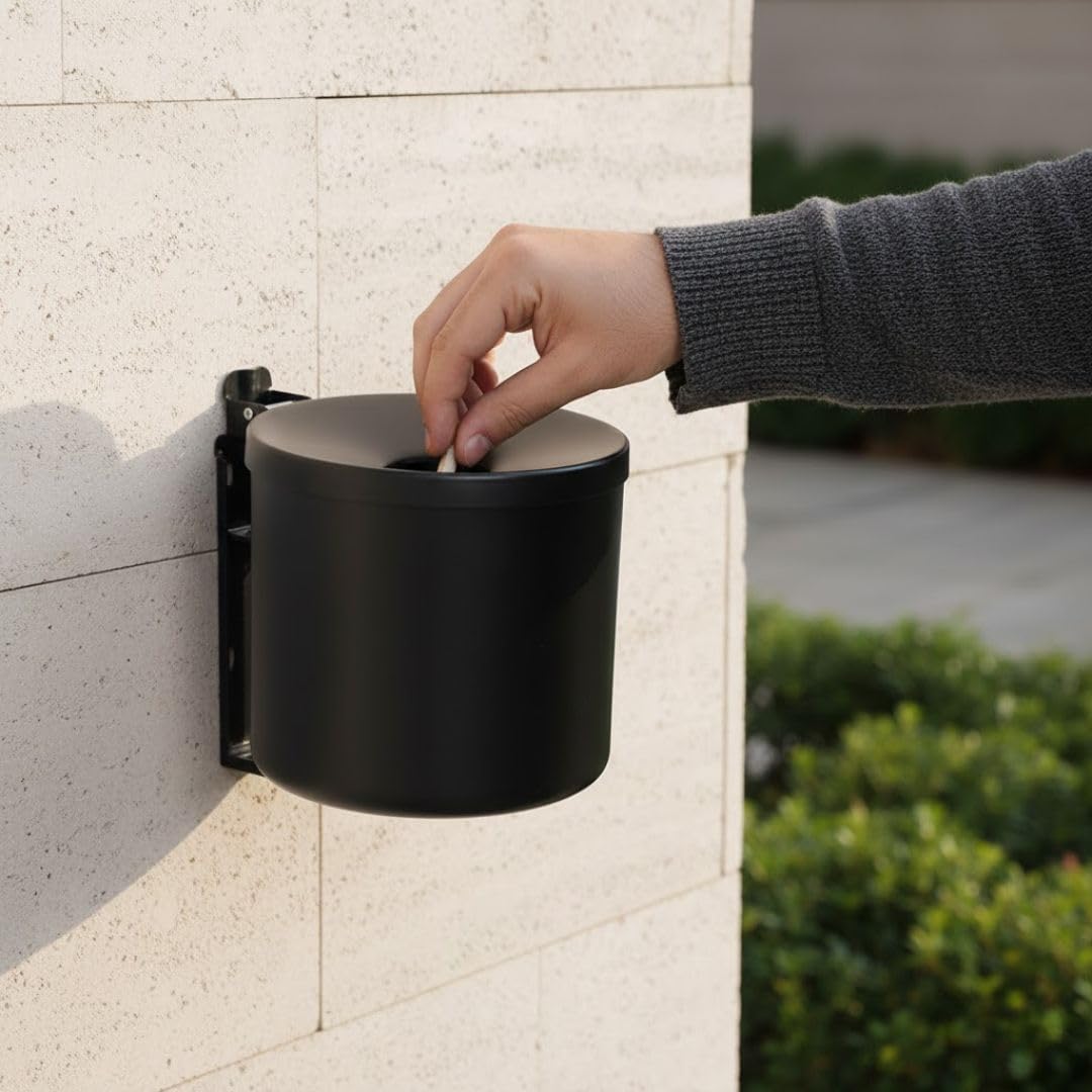 Danieli Store | Cenicero de Pared Negro Mate 2,5 Litros | Cenicero Exterior de Acero con Soporte Mural para Zonas de Fumadores