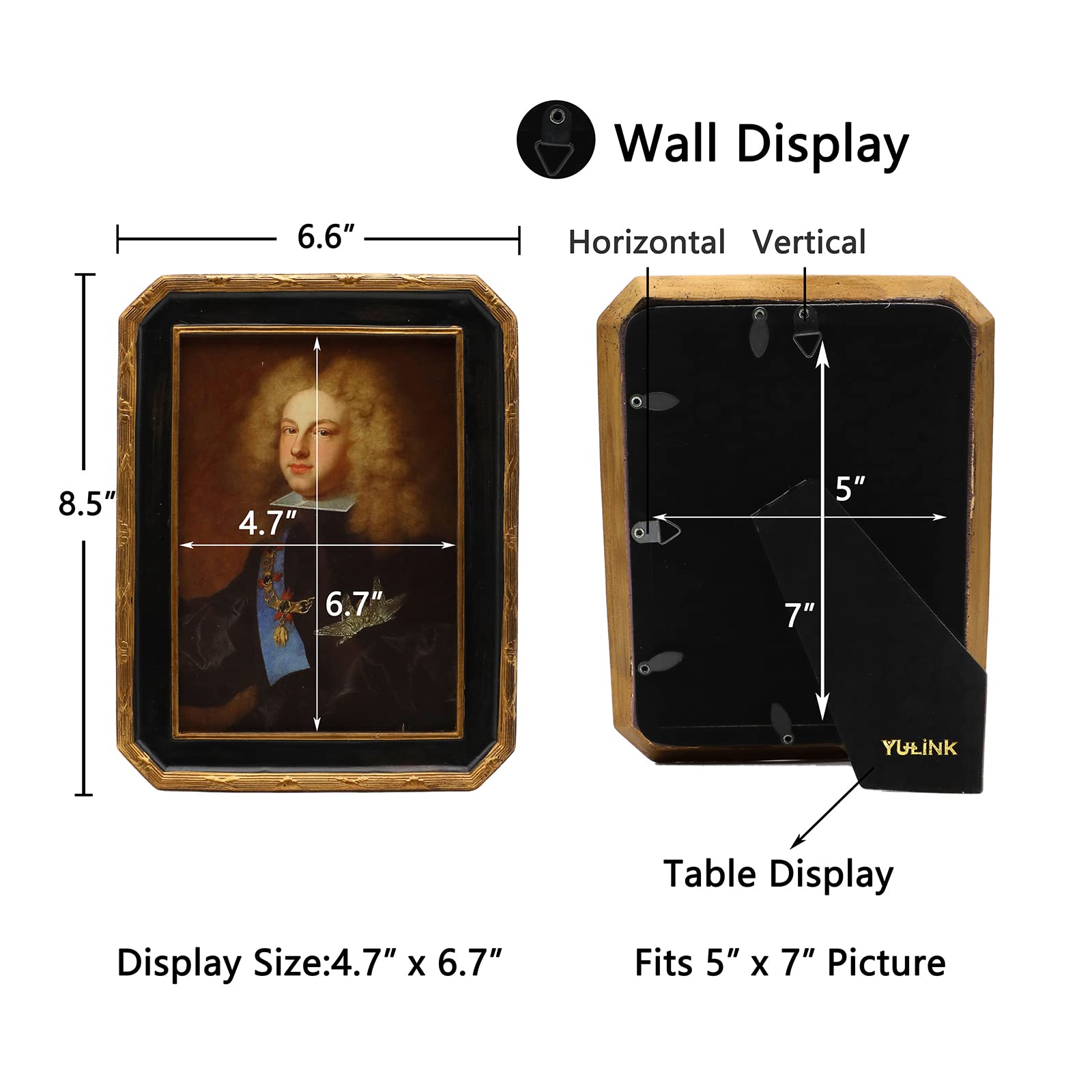 YULINK 5x7 Vintage Picture Frame, Antique Ornate Black and Gold Octagon Photo Frame, for Tabletop and Wall Display, Decorative Retro Home Decor, Old Fashioned Photo Gallery Art