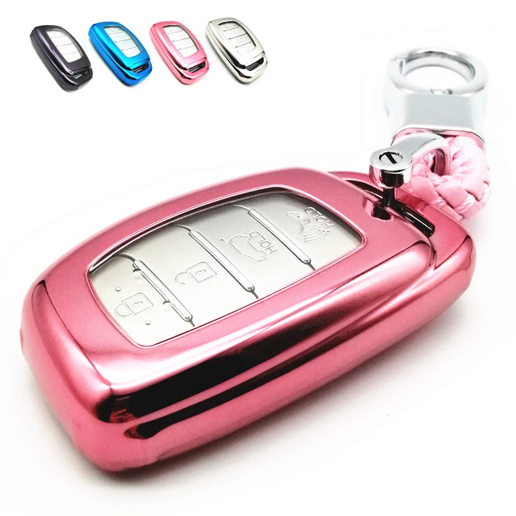 Pink TPU Key Cover Fob Case Holder Skin Protector with Keychain for Hyundai 2019 2020 2021 Elantra Tucson Venue Ioniq 2018 Sonata 3 4 Buttons Keyless Entry Remote Control
