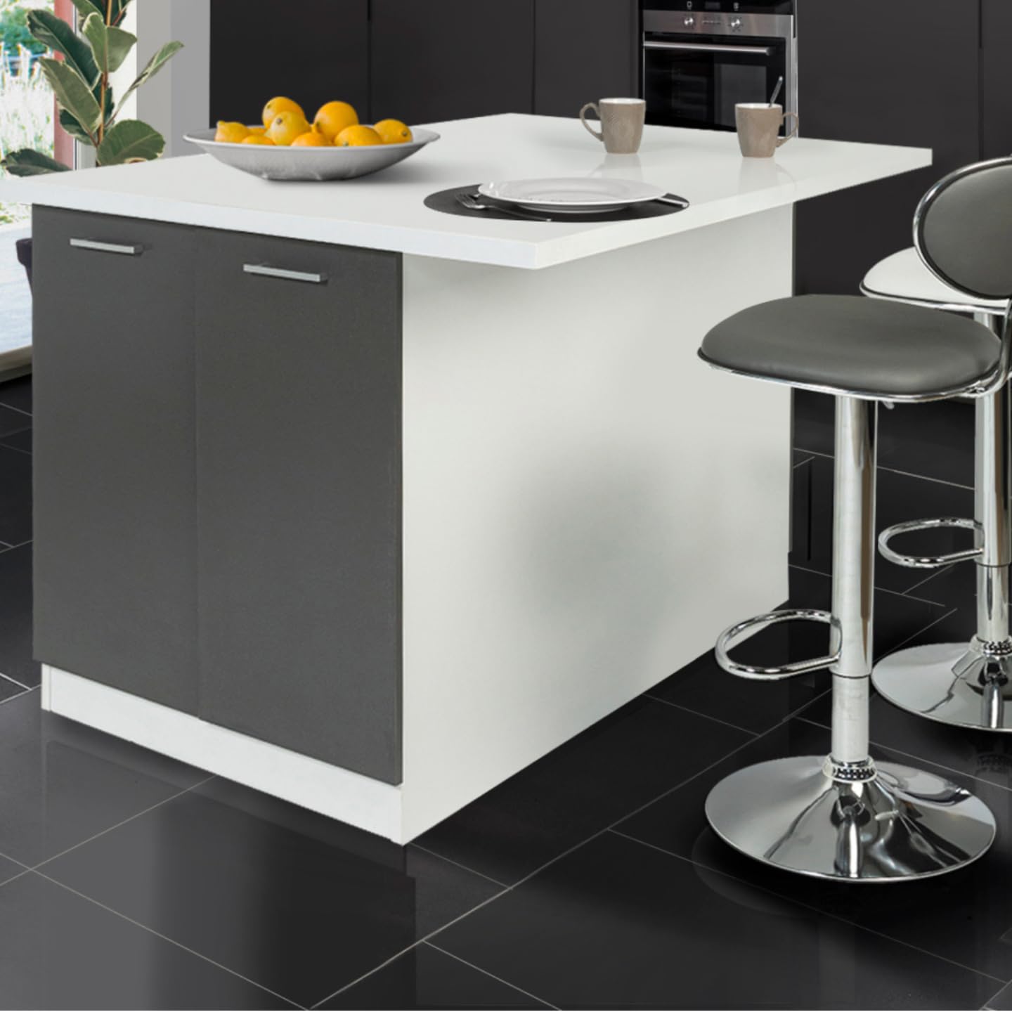 IDMarket - Ilot Central IVO 120 cm Blanc et Gris avec Plan de Travail