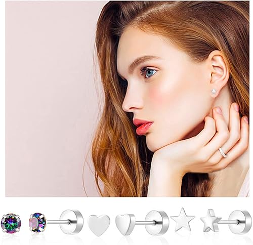 Miniatura 4 de 18 pares de aretes tipo dormilona para mujeres y hombres, de acero inoxidable quirúrgico 316L, hipoalergénicos, con parte trasera plana, aretes de