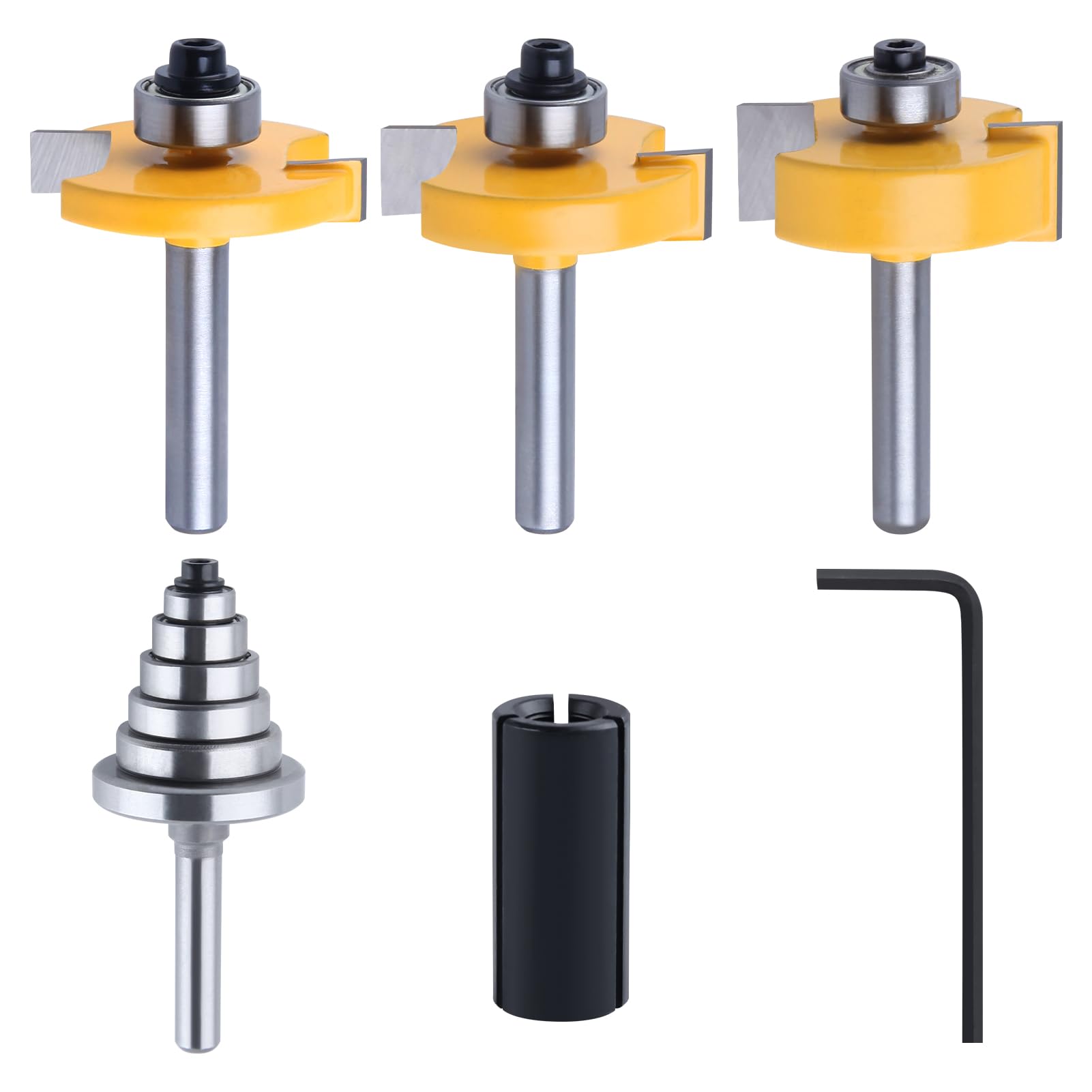LEONTOOL Milling Machine Set with 6 Bearings (1/8", 1/4", 5/16", 3/8", 7/16", 7/16", 1/2″), 3 Pcs Milling Machines for Rabbeting Router Bit with Spin Clamp from 1/2" to 1/4"