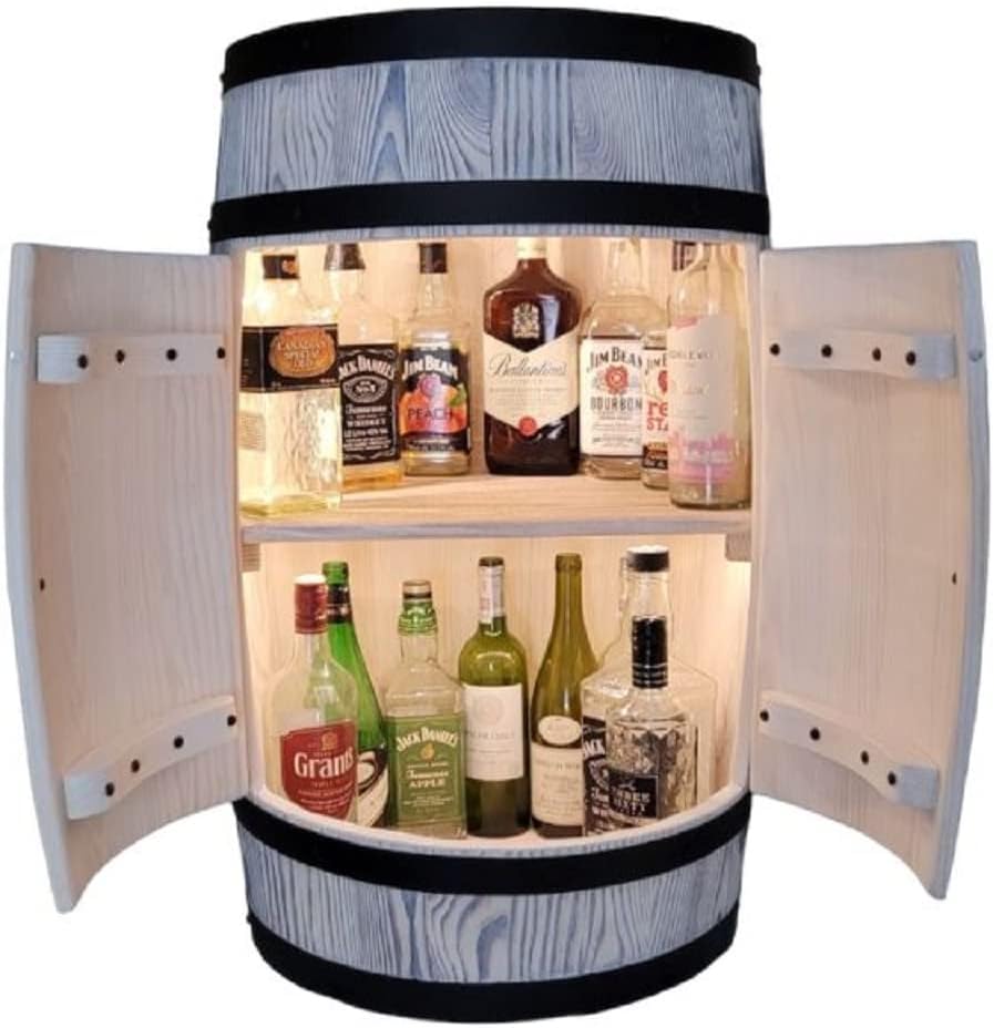 Wooden Barrel with Door. Mini Bar LED Lighting - White Wooden Shelf Handmade Vintage Chest of Drawers Wine Bar Bottle Shelf - Storage for 40 Bottles, Whiskey Rack - Barrel