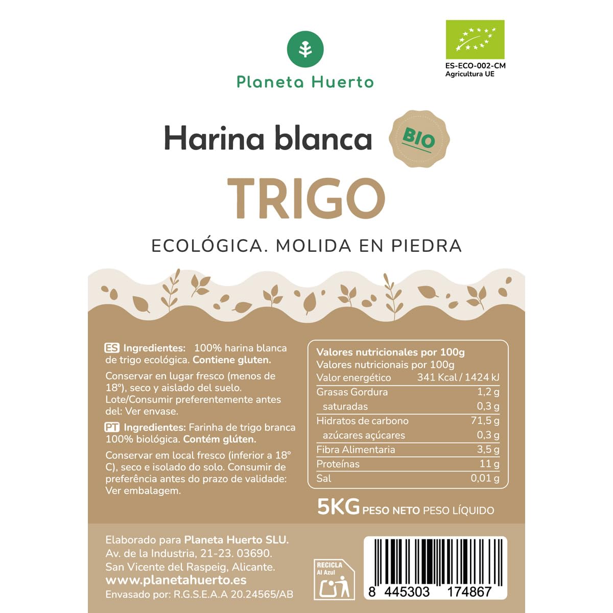 PLANETA HUERTO Harina Blanca de Trigo Eco 5 Kg Rica en Carbohidratos para Preparaciones Horneadas