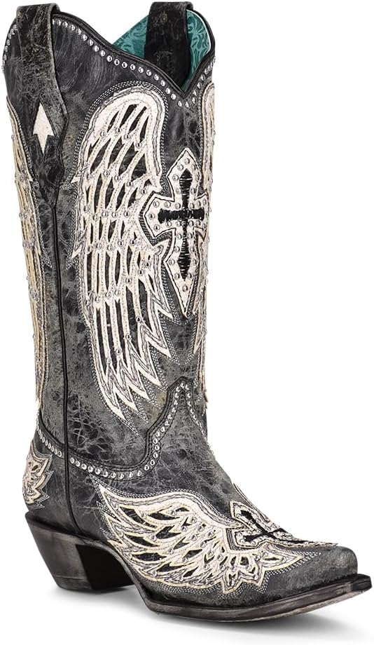 Corral Boots Women's Black Handcrafted Western Boots | Snip Toe Tall Cowboy Boots with White Cross and Wings Overlay and Studs Design