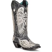 Corral Boots Women's Handcrafted Western Boots | Snip Toe Tall Cowboy Boots with White Cross and Wings Overlay and Studs Design
