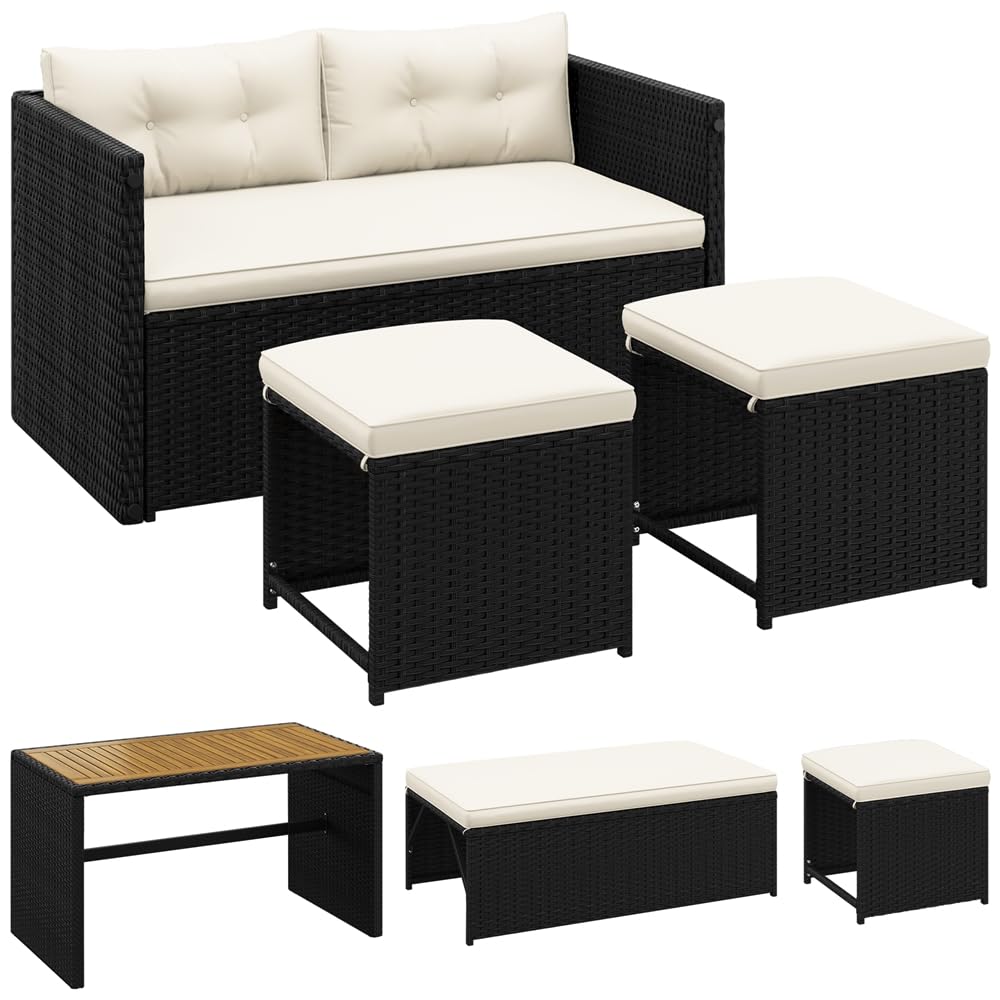Yaheetech Conjunto de Muebles de Jardín de Ratán Muebles de Ratán de 2 en 1 | 1 Banco y 1 Mesa y 2 Taburetes, Negro/Beige
