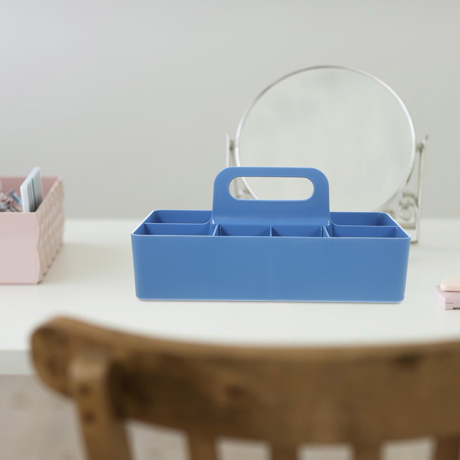 Boîte de Rangement Empilable Compartimentée 33x17x8 Cm Bleu Poignée, Organiseur de Table Multifonction pour Bureau, Matériel Artistique et Papeterie, Conteneur Pratique pour Stylo