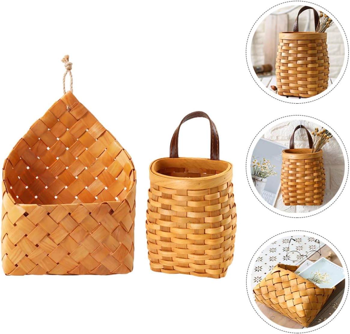 2Pcs Woven Sundries Container with Wall Mounted Design Wood Storage Basket | Retro Household Organizer, Space Saving Wall Hanging Style, Practical Home Use, Sturdy Wood Construction