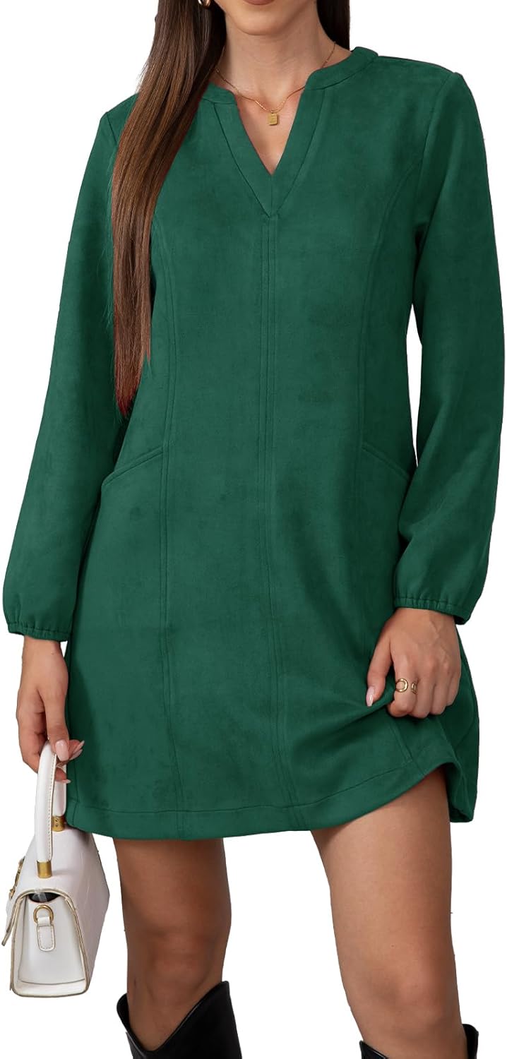 Jayscreate Women's A-line Suede Mini Dress Pocket Elegant 2025 Spring Fall Winter V Neck Long Sleeve Short Dress