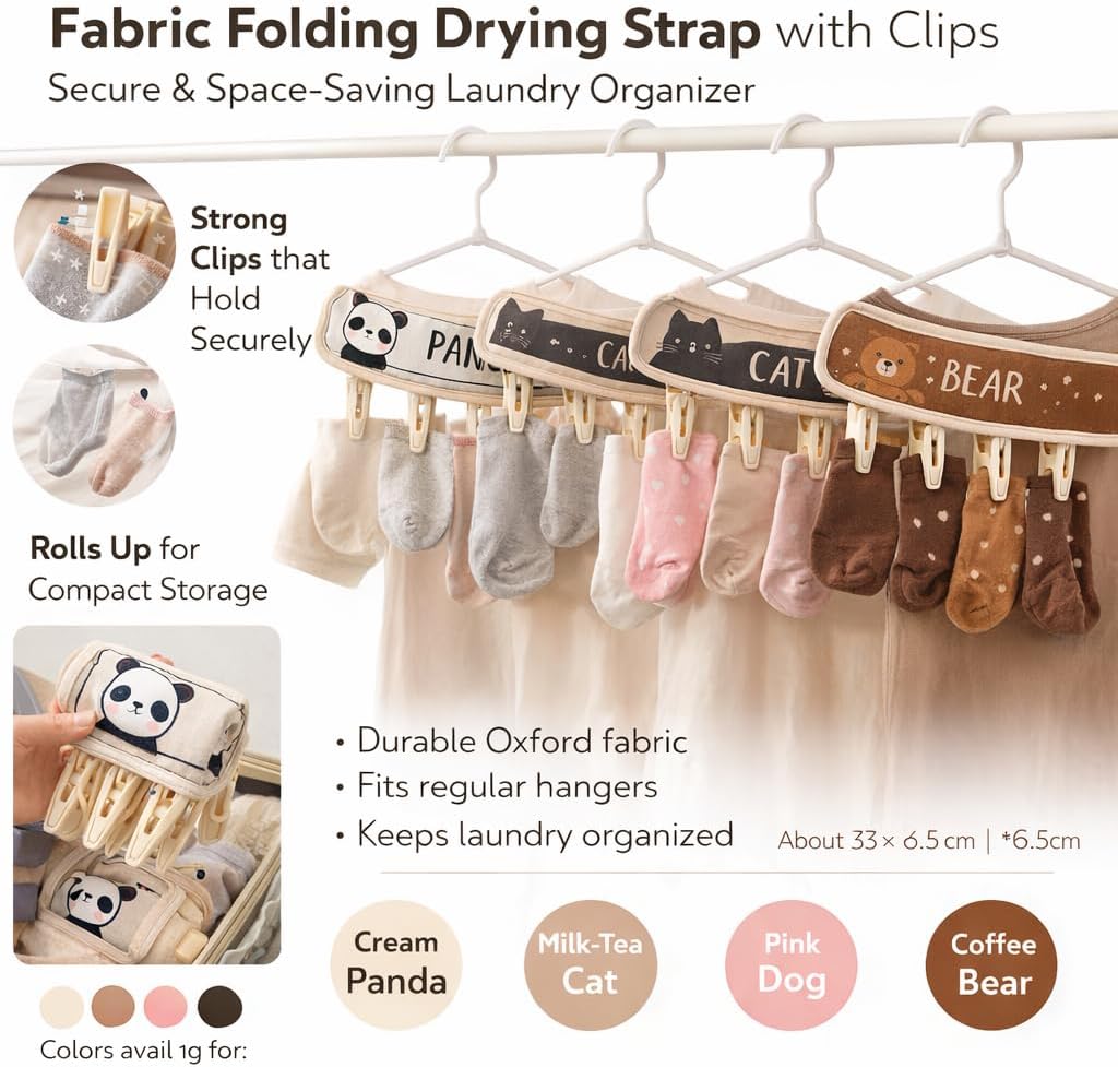 FOLAI 4-Pack Portable Fabric Products Travel Hangers Foldable Suitcase Clothespin Small Clothes pin Rack with 6 Clips（Animal-Themed）