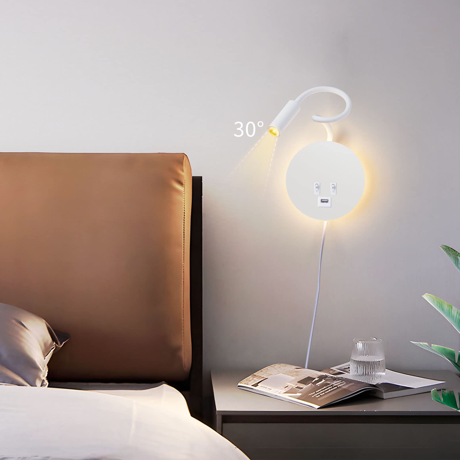 ERWEY Liseuse murale, applique liseuse 3000k (3W+8W) avec interrupteur et recharge USB, col de cygne rotatif à 360° pour la chambre à coucher, avec prise et câble, blanc