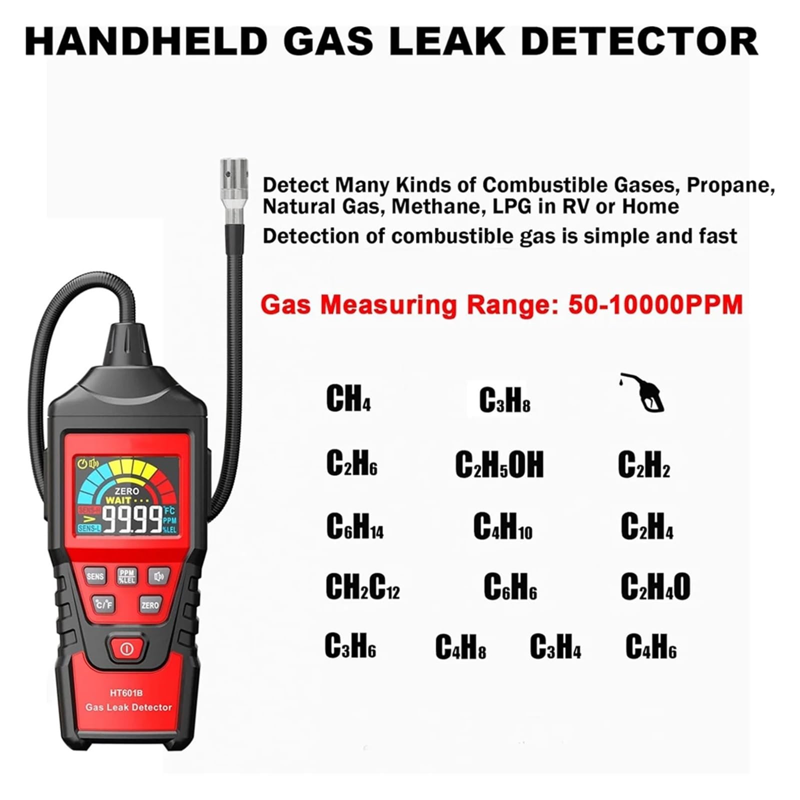 Gasmelder, Hochpräziser Gasleckdetektor HT601A HT601B 0-1000PPM Ton- und Bildschirmalarm Brennbares, entzündbares, natürliches Methan-Gasdetektor(HT601A)