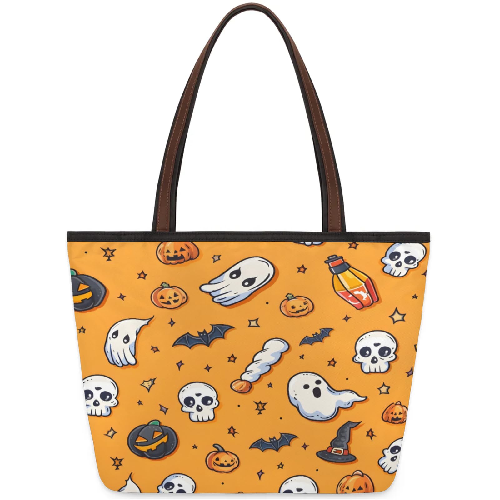 Stars Skulls Bats Pumpkins Tote Bag Multi Pocket Zippered Beach Bag Lightweight Waterproof Handbag for Women Men Work Gym Travel Swimming Yoga Grocery Shopping M