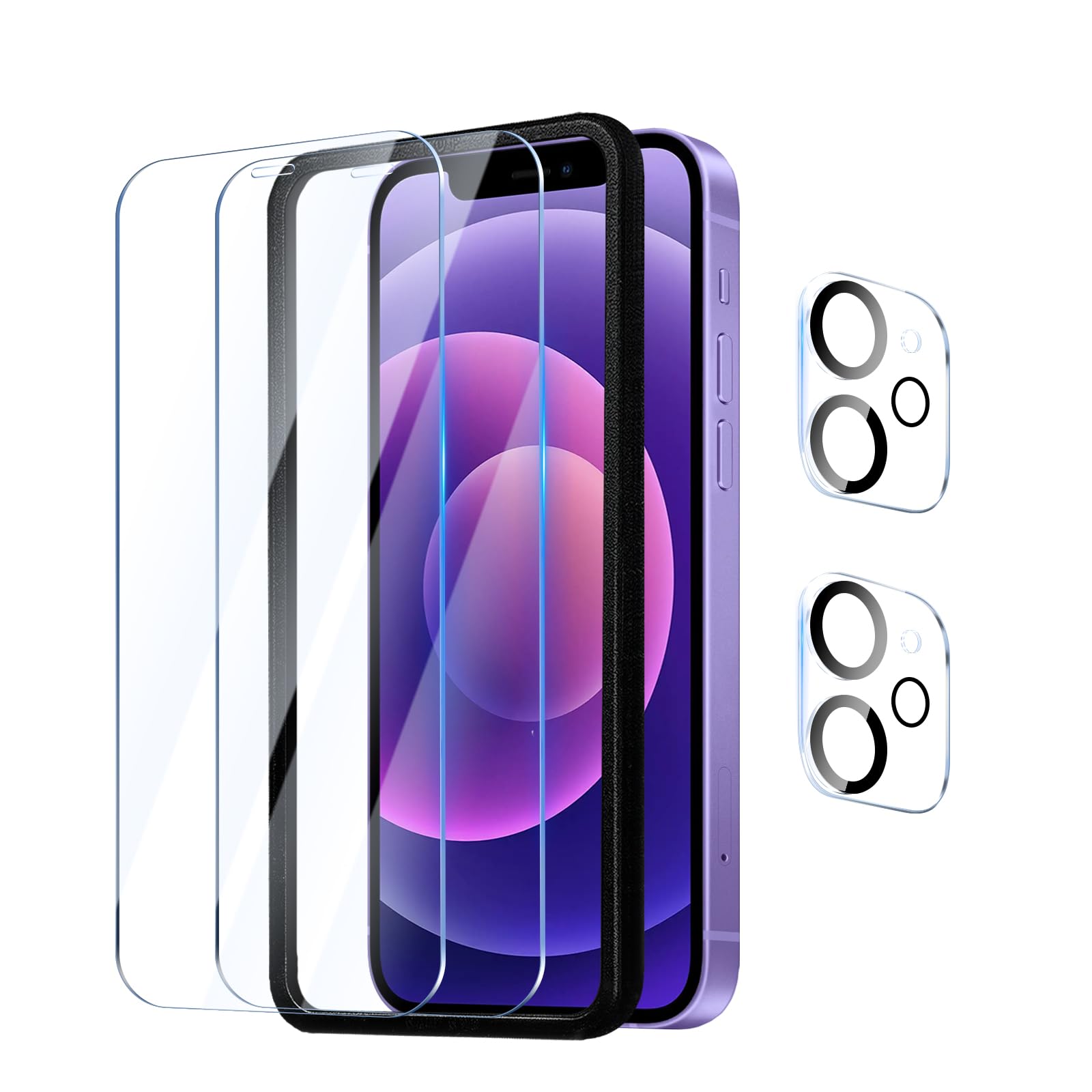 YUXINDZ 2 Pack Screen Protector for iPhone 12 6.1 inch with 2 Pack Camera Lens Protector, Tempered Glass Film with Installation Frame, Anti Scratch,