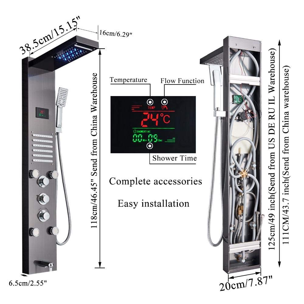 Panel prysznicowy LED, wodospad, kolumna deszczownica, kran, cyfrowy ekran temperatury, system prysznicowy, bateria mieszająca, wylot wanny, złoty (czarny)