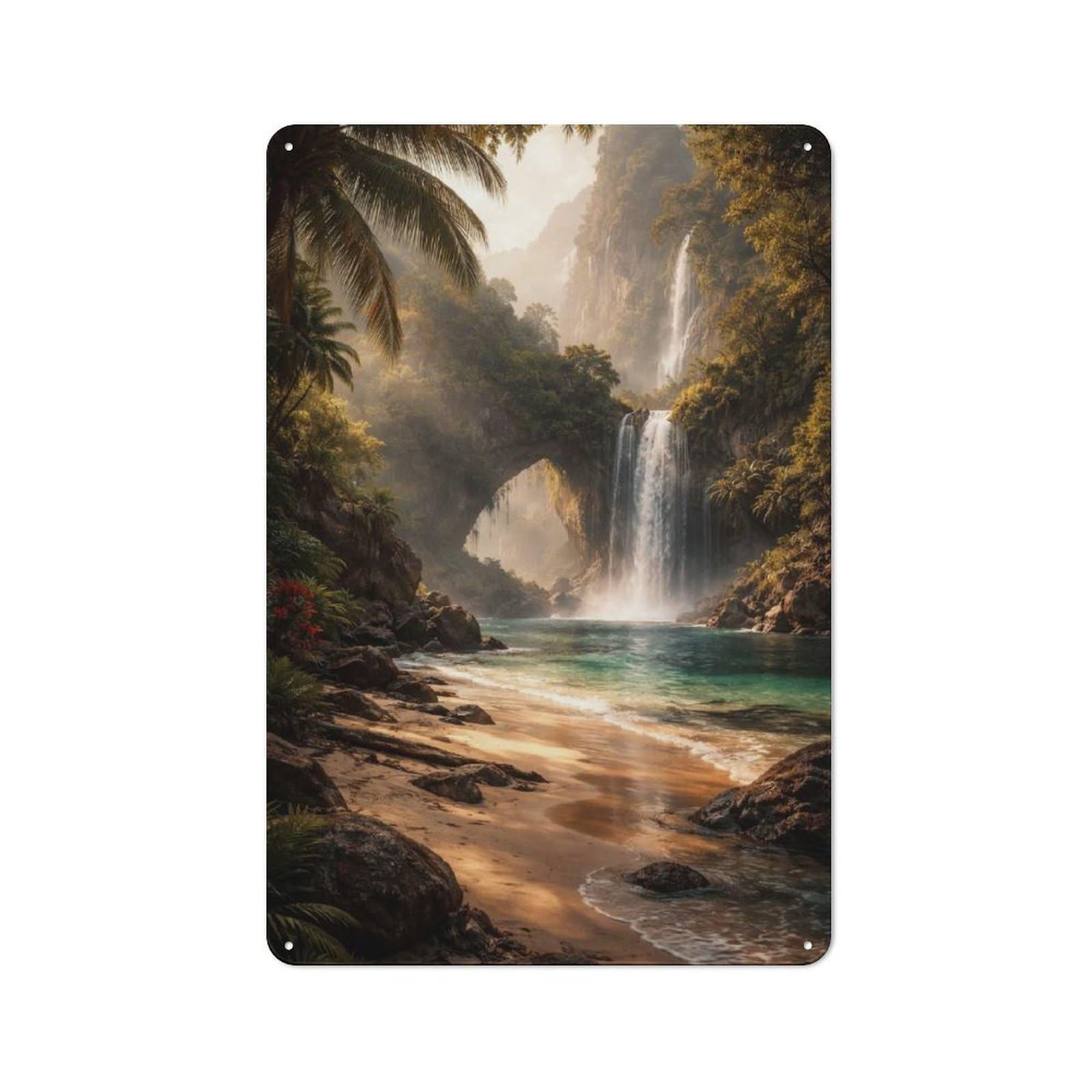 Junmoney Style-11 Character Decorative Tin Plaque 30X20cm Featuring Tropical Paradise With Waterfalls And Arch, Home Wall Decor For Flat, Dorm Room, Lounge Or Cafe