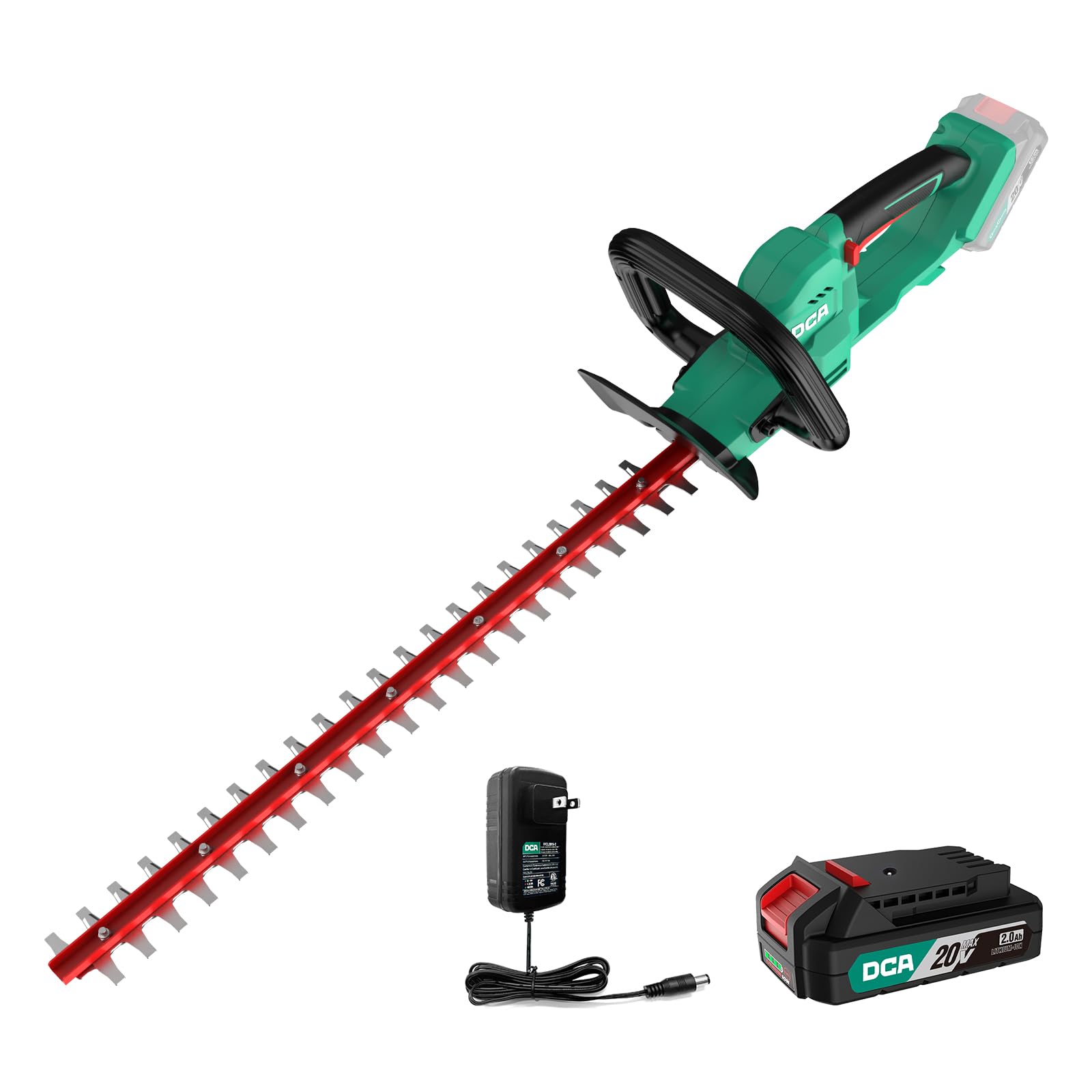 DCA 20V Cordless Hedge Trimmer, 56cm Dual-Action Blade, 20mm Cutting Capacity, 180° Rotating Handle, 2.0Ah Battery & Charger, ADHT20222